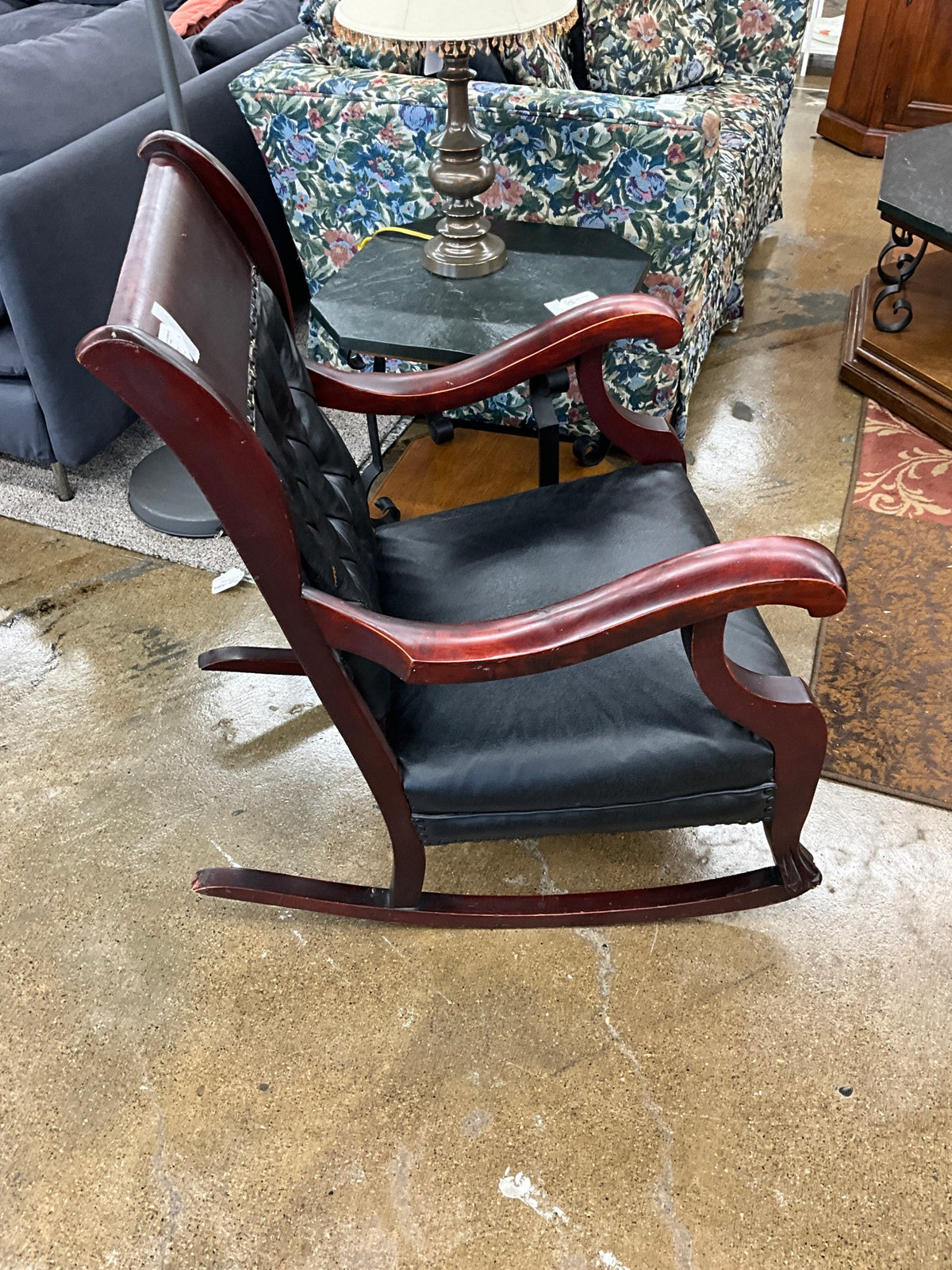 Antique Leather & Wood Tufted Rocker