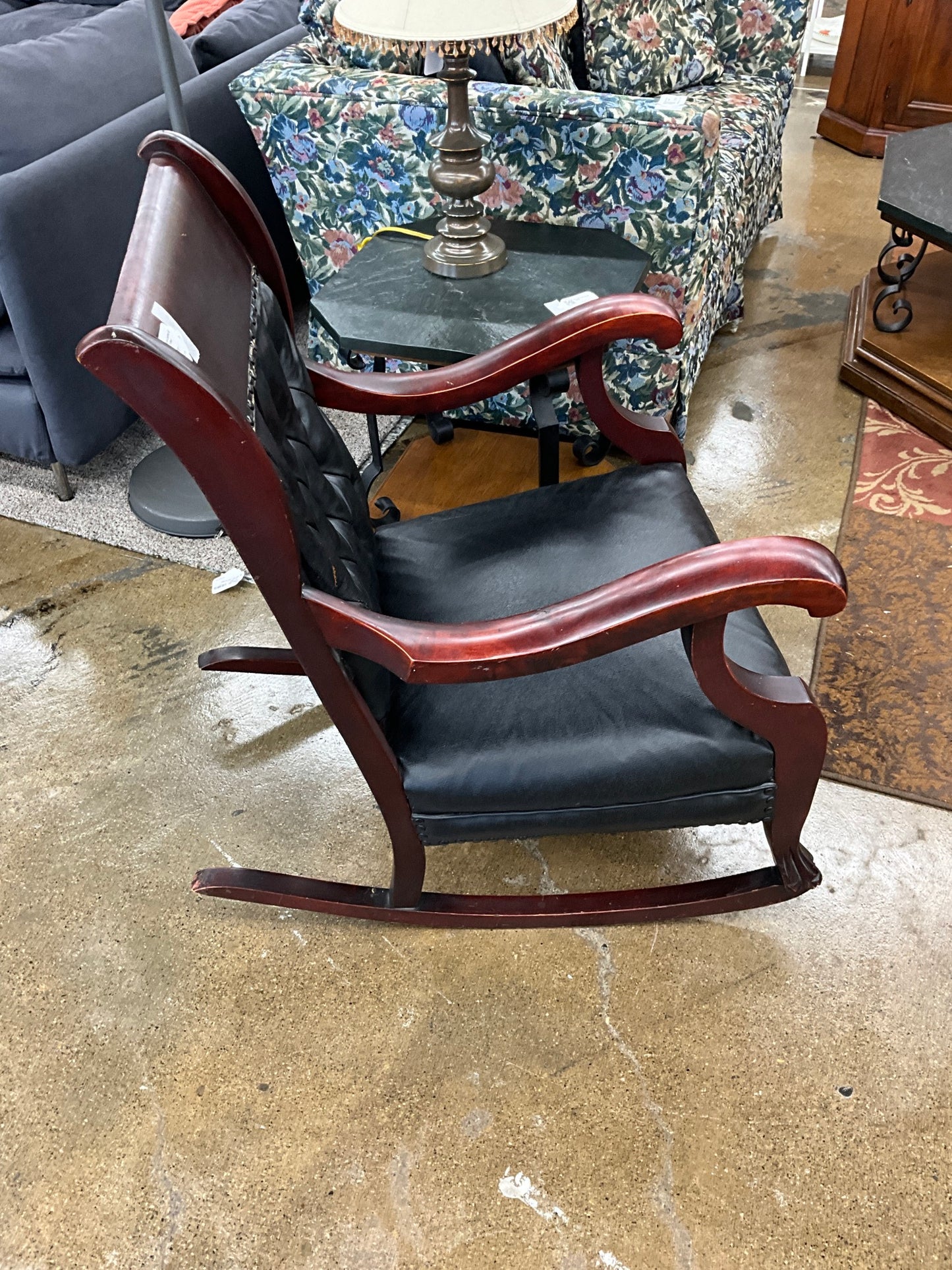 Antique Leather & Wood Tufted Rocker