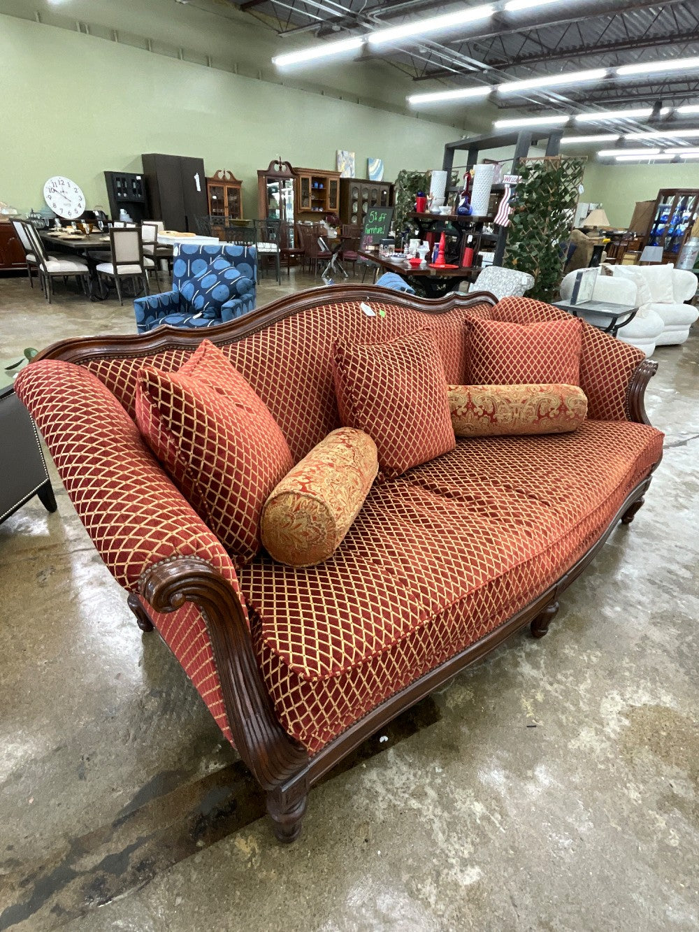 Thomasville Red & Gold Sofa  w/ Wood Trim & 5 Pillows