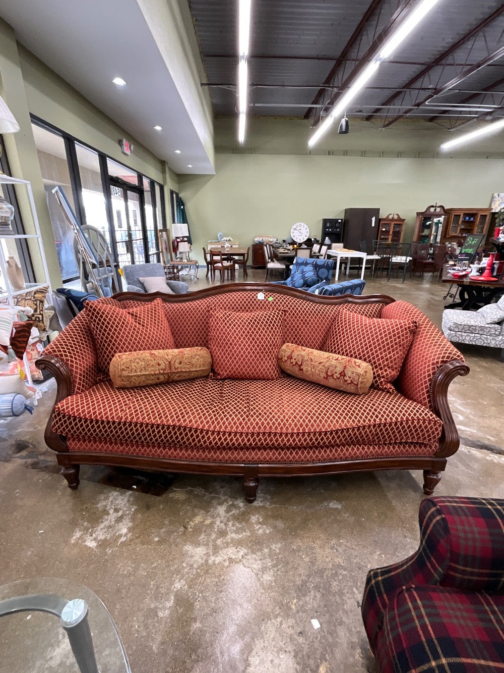 Thomasville Red & Gold Sofa  w/ Wood Trim & 5 Pillows