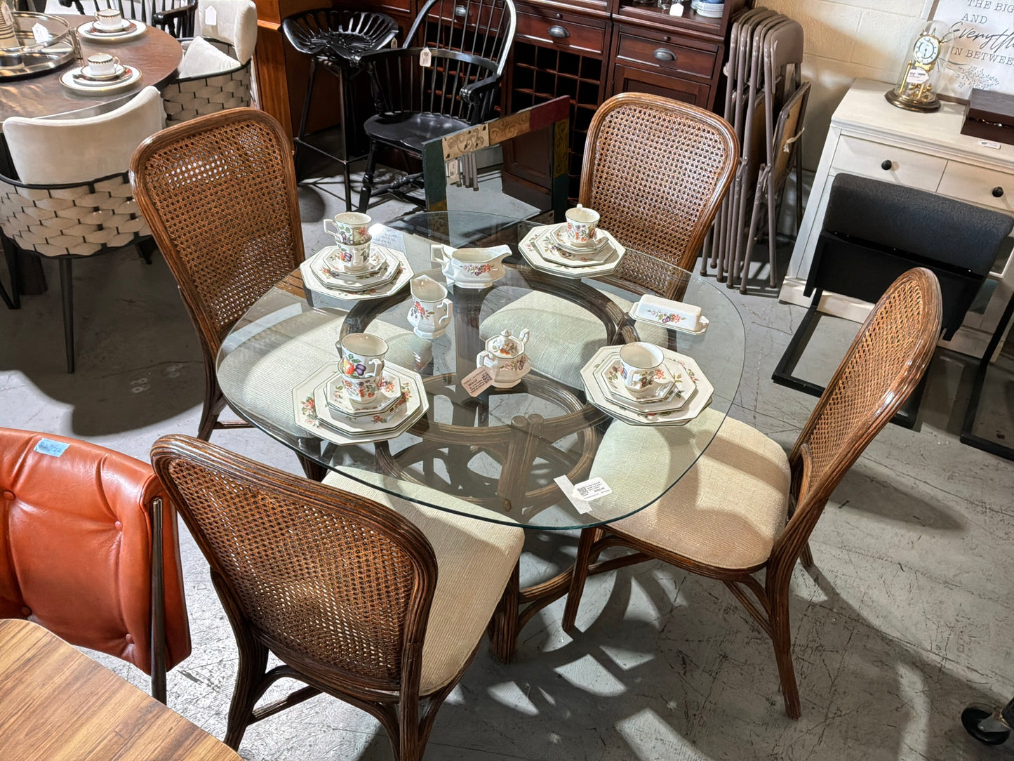 Dining Table W/ Glass Top and 4 Cane Chairs