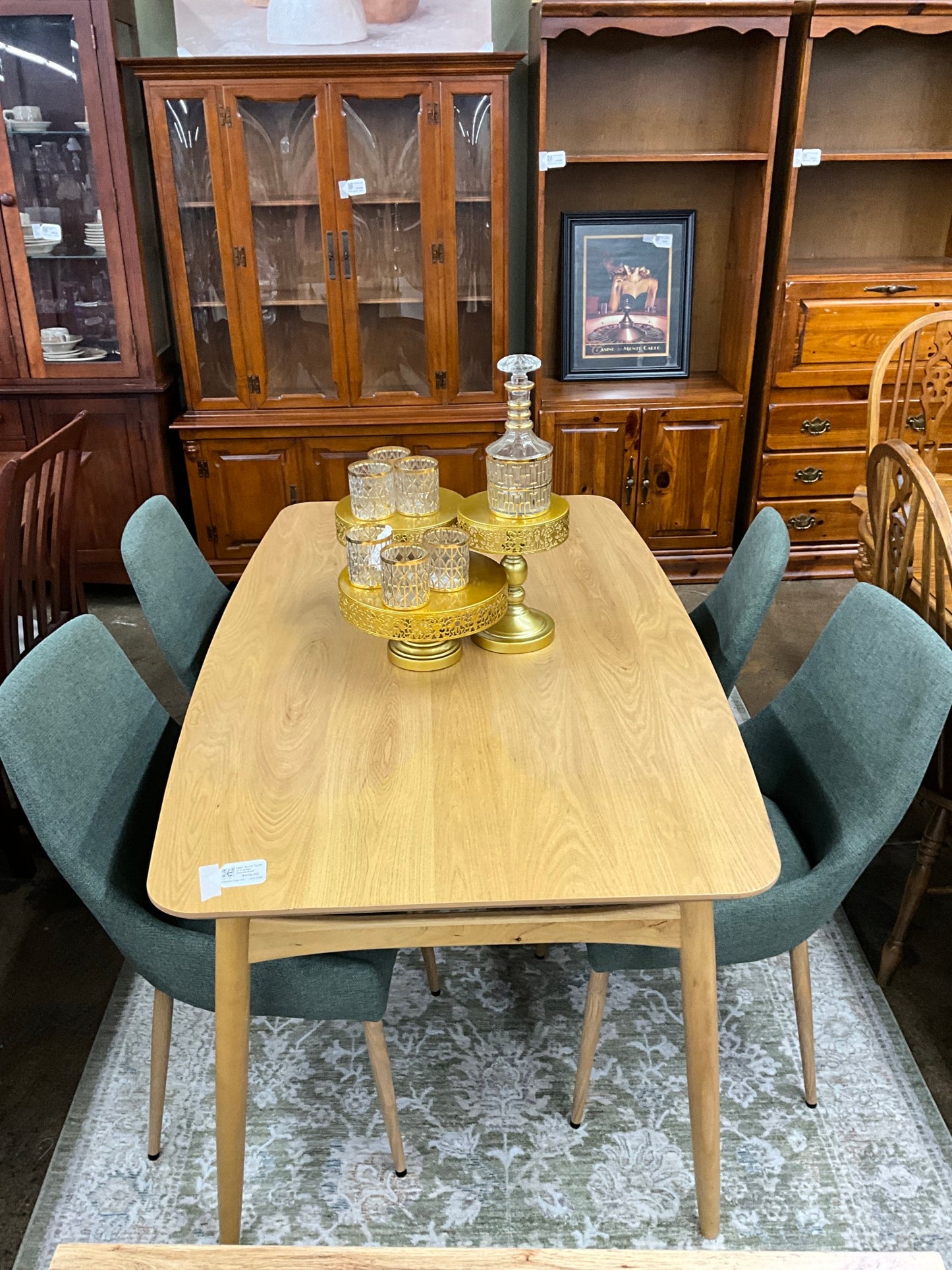 Light Wood Table w/ 4 Green Upholstered Chairs