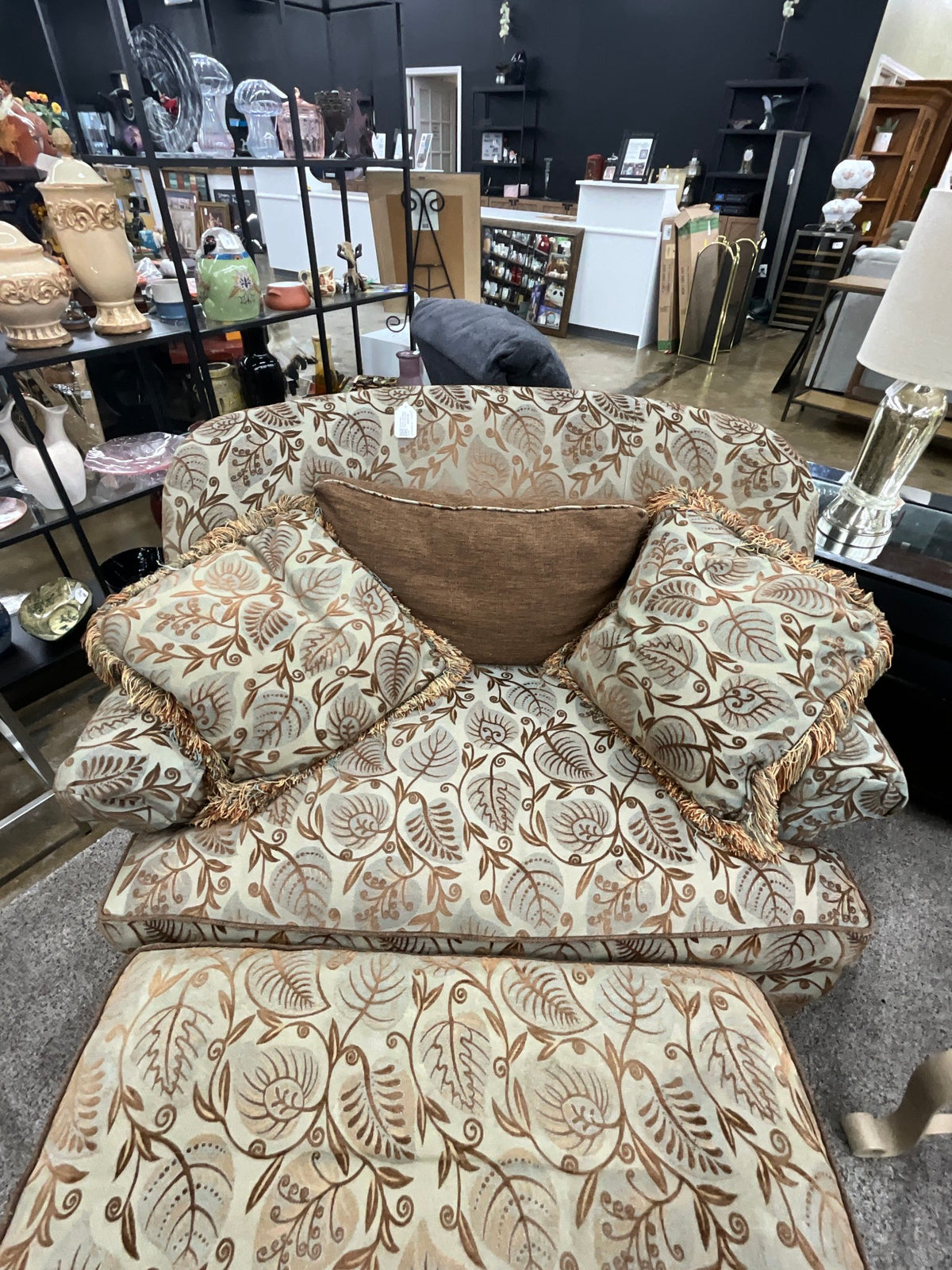 Wesley Hall Brown Leaf Wing Chair w/ Ottoman