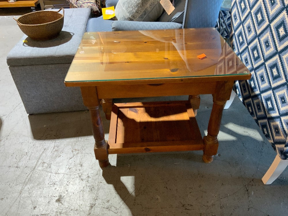 Wood Side Table with Glass Top