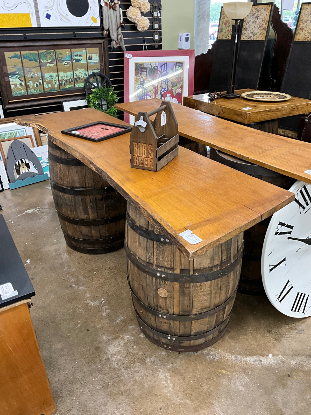 2 Whiskey Barrels w/ Live Edge Top