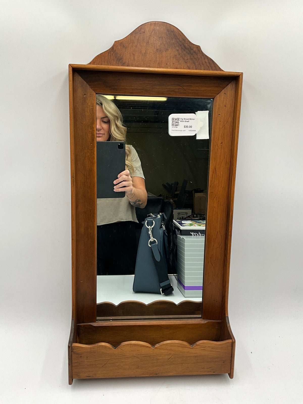 Vtg Wood Mirror With Shelf