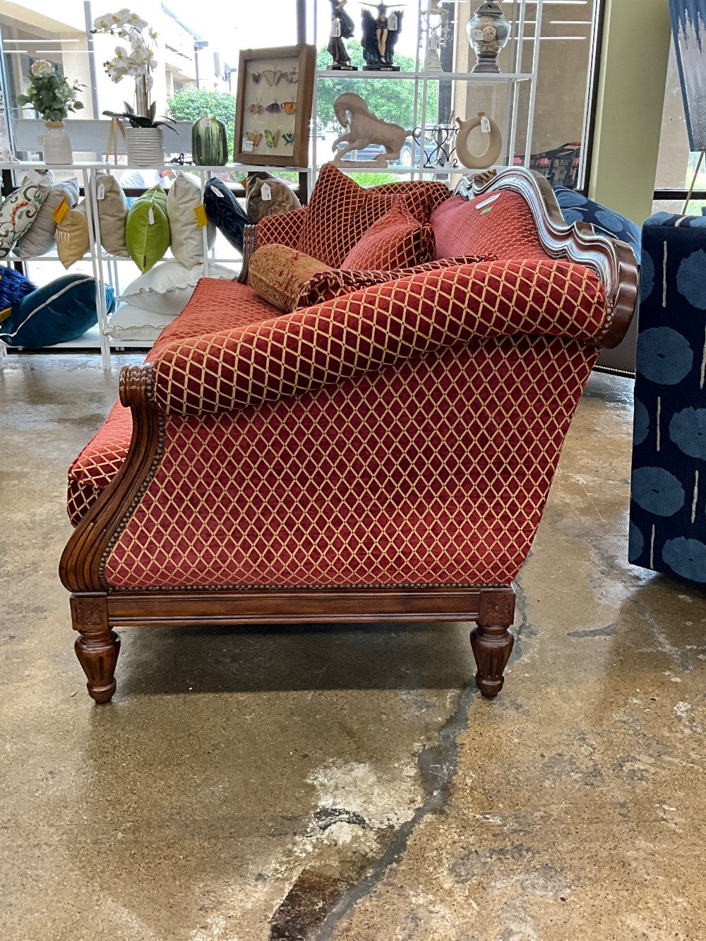 Thomasville Red & Gold Sofa  w/ Wood Trim & 5 Pillows
