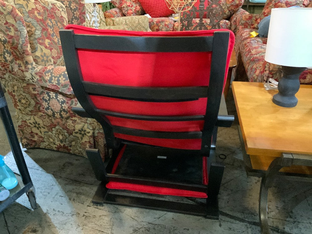 Ikea Dark Wood Chair w/ Red Cushions and Foot Stool