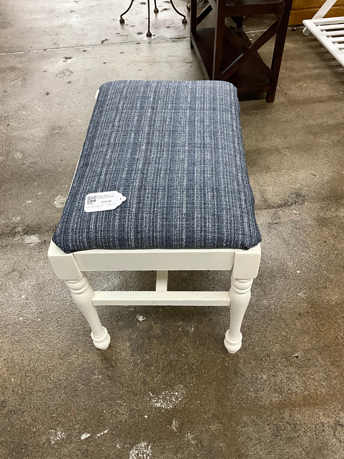 White Bench w/Blue Cushion