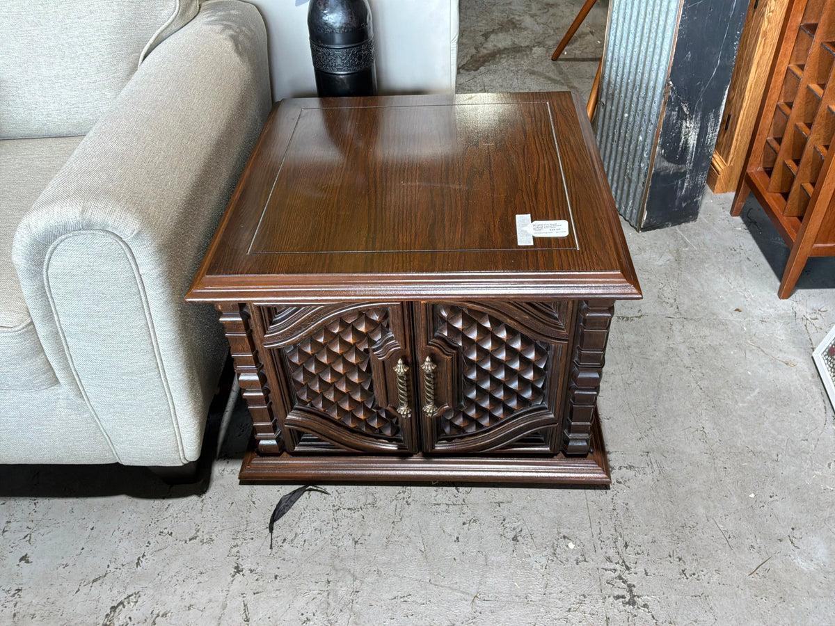 Dark Wood Carved Square End Table