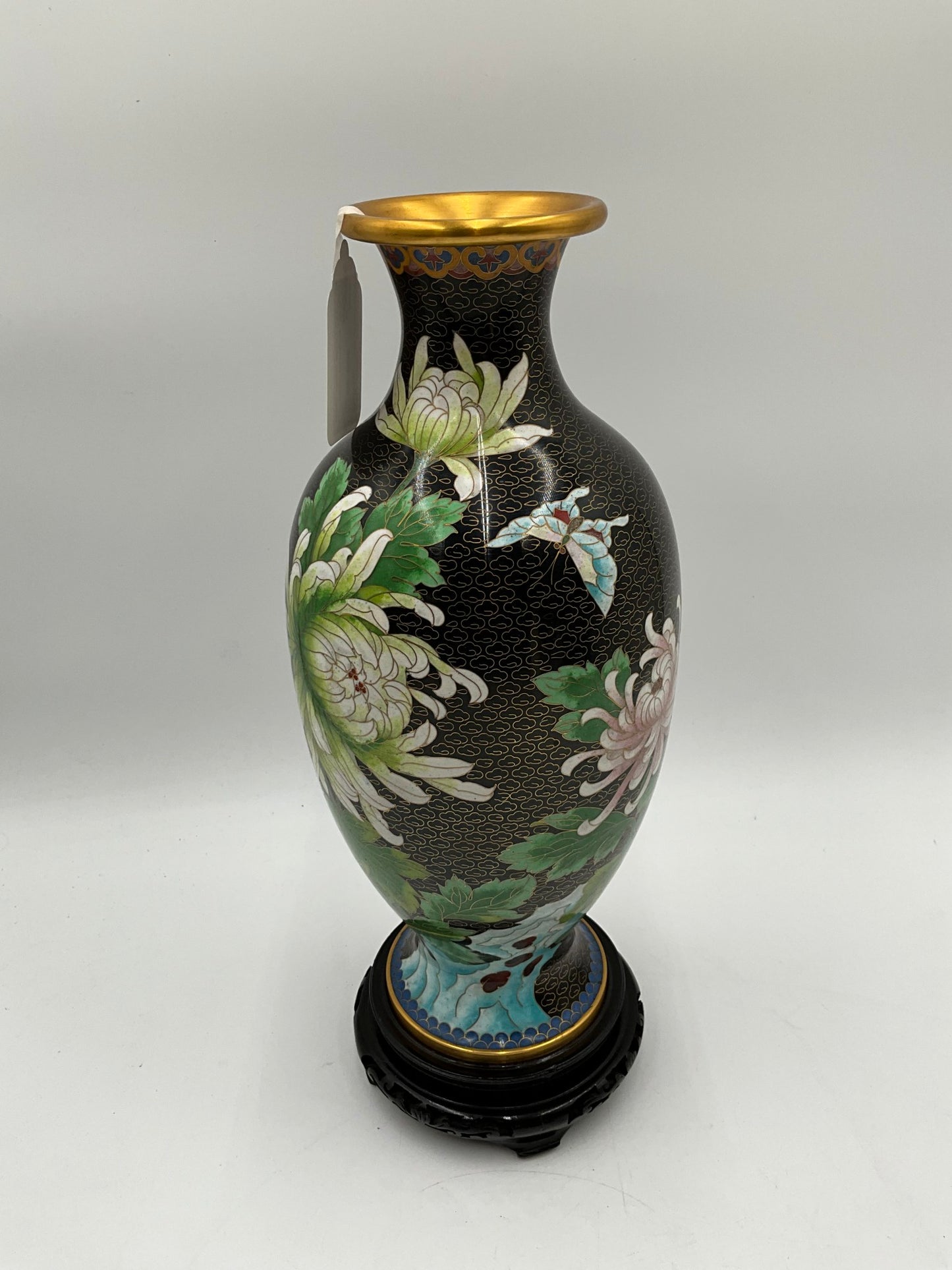 Large Brass Vase W/Wood Base