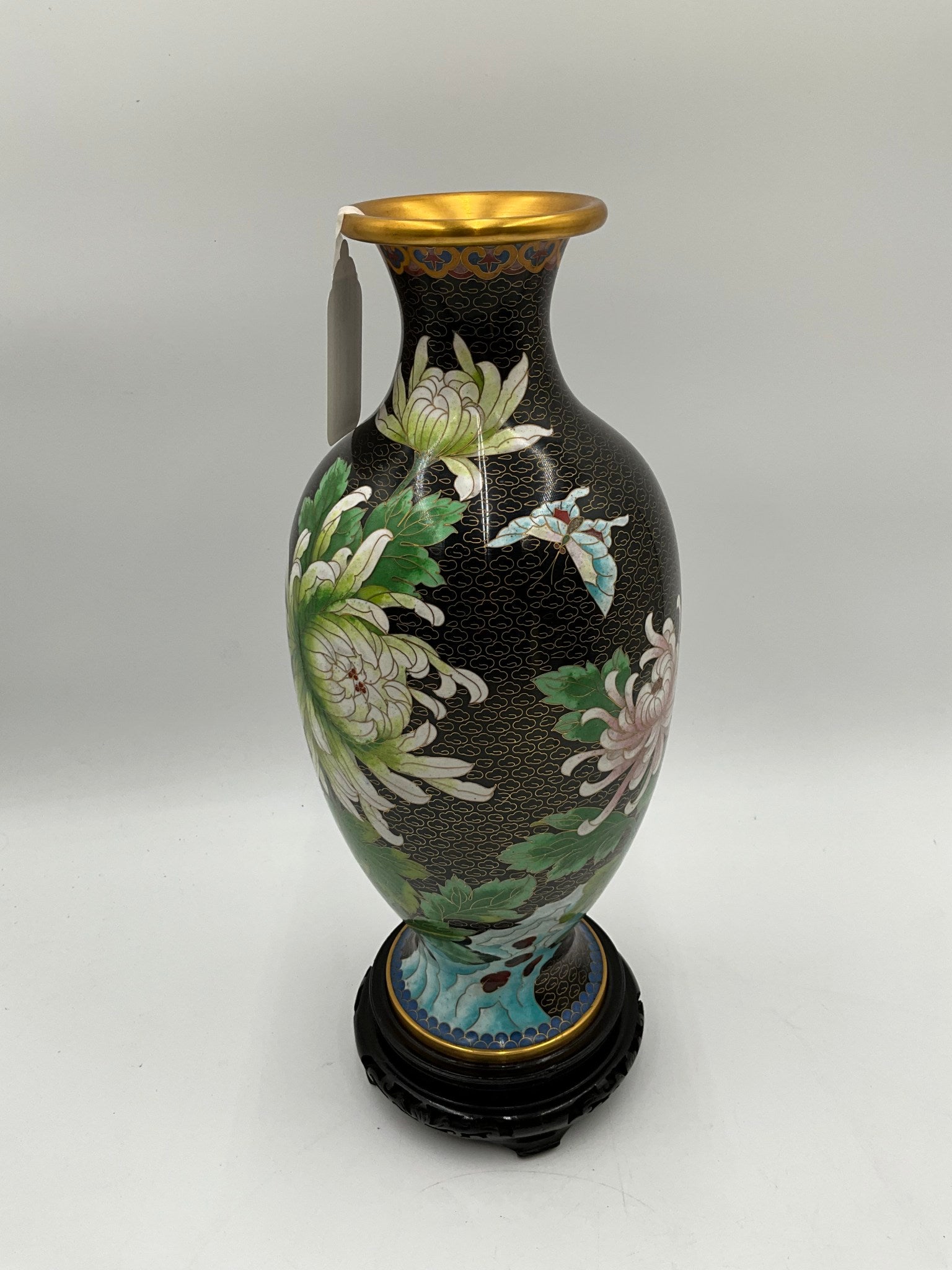 Large Brass Vase W/Wood Base
