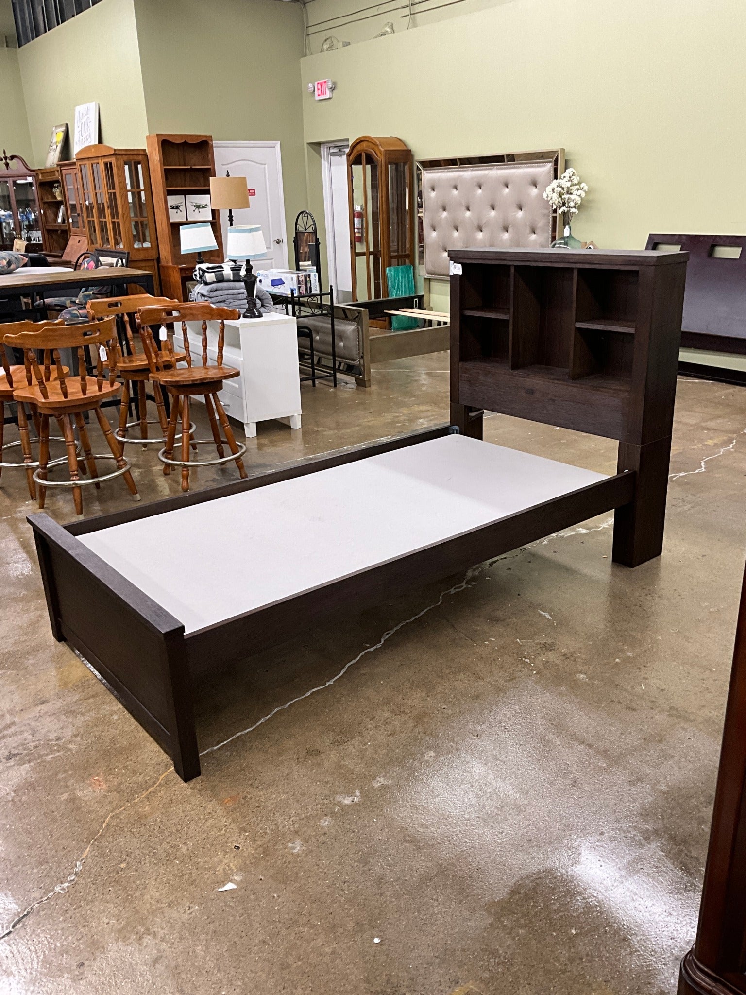 Wood Twin Platform Bed w/ Shelf Headboard