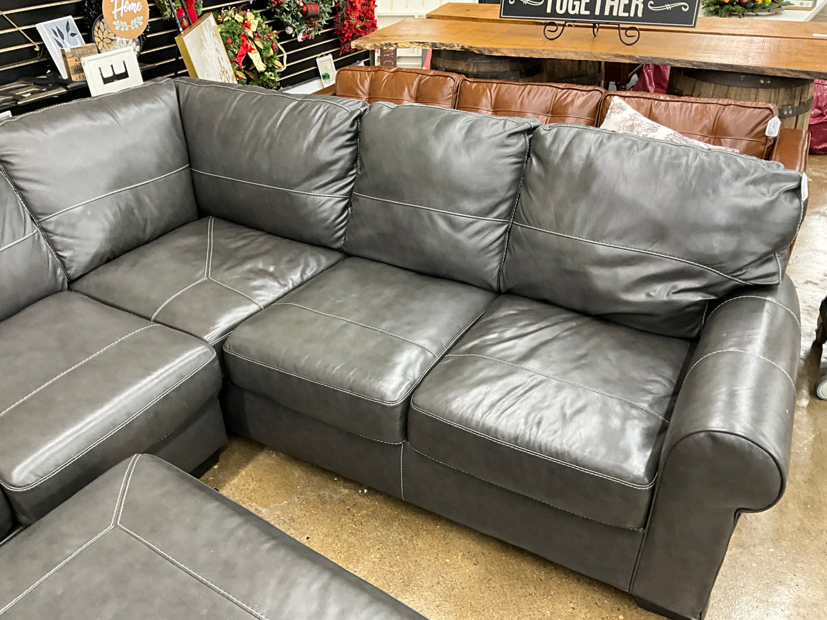 Grey Leather Sectional & Ottoman