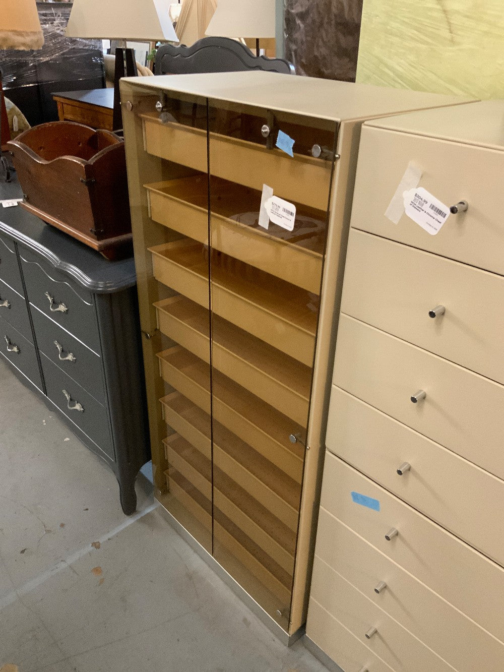 MCM Smoked Glass Doors & Leather Cabinet