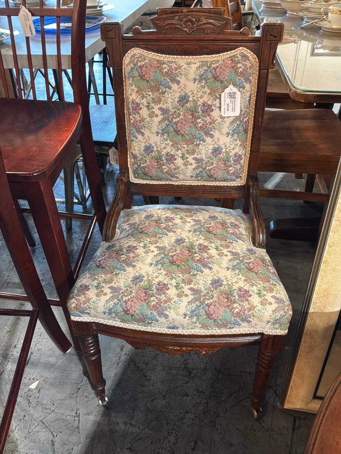 Eastlake Wood Chair w/ Fabric Seat