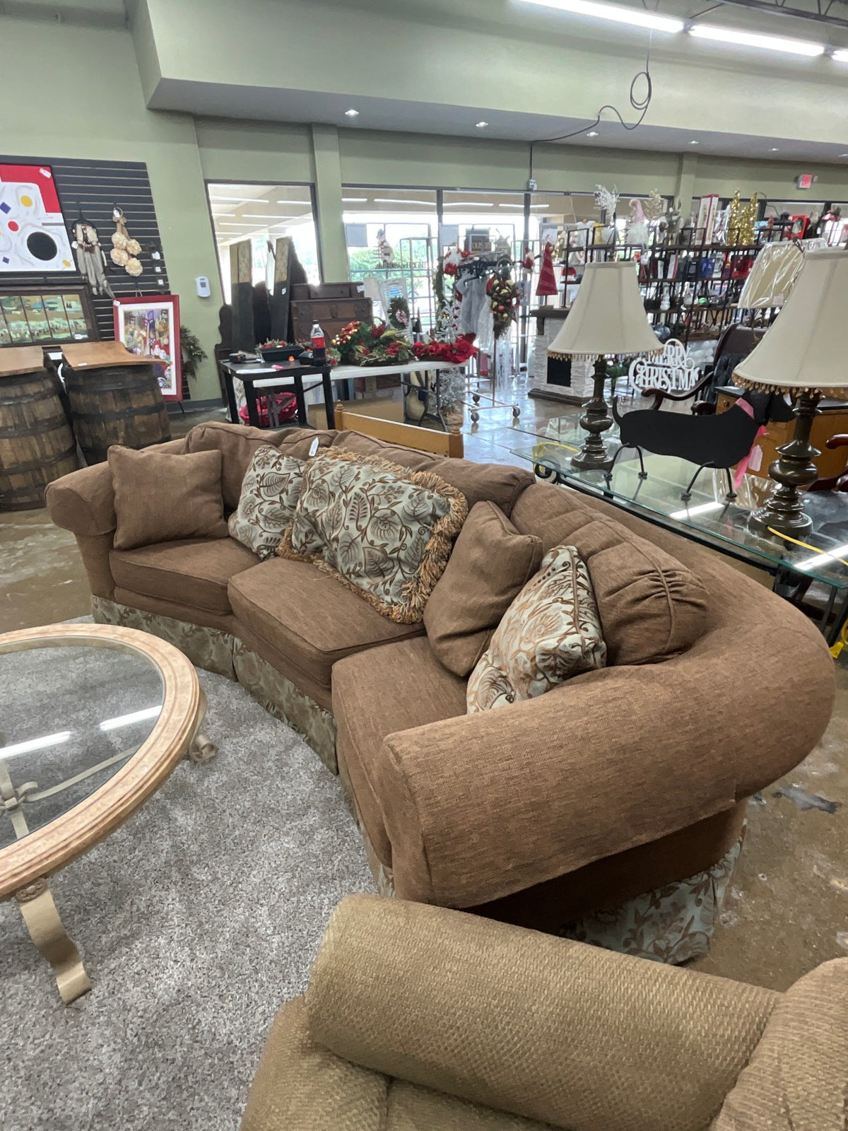 Wesley Hall Down Filled Brown Curved Sofa w/ Pillows