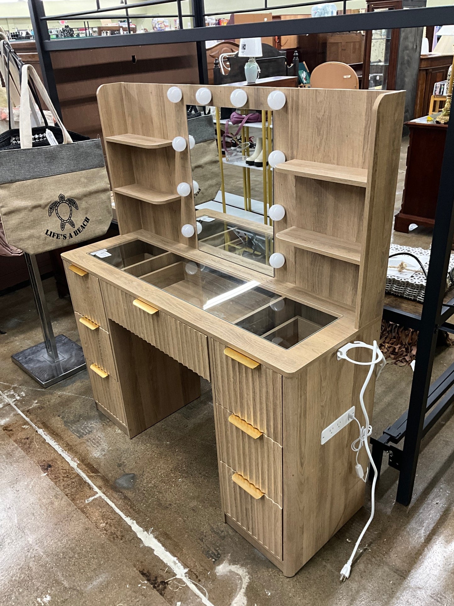 Light Wood Vanity w/ Mirror & Lights