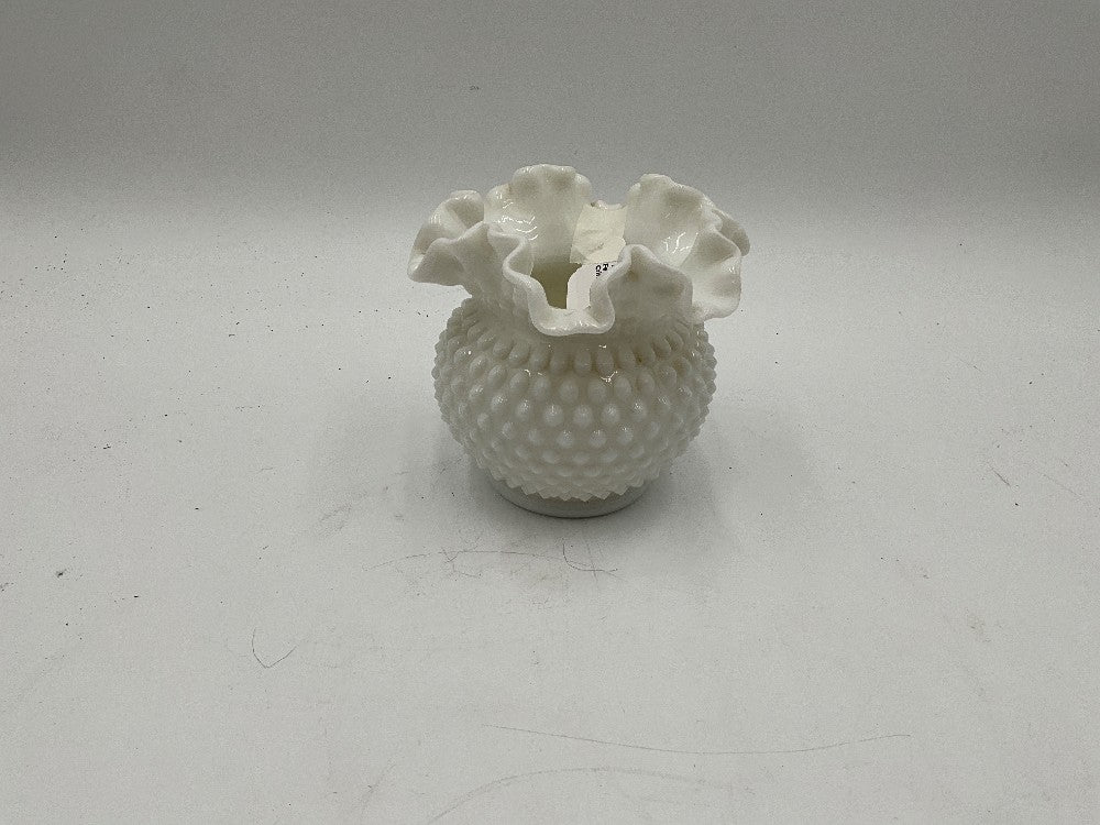Fenton Milk Glass Hobnail Crimped Vase