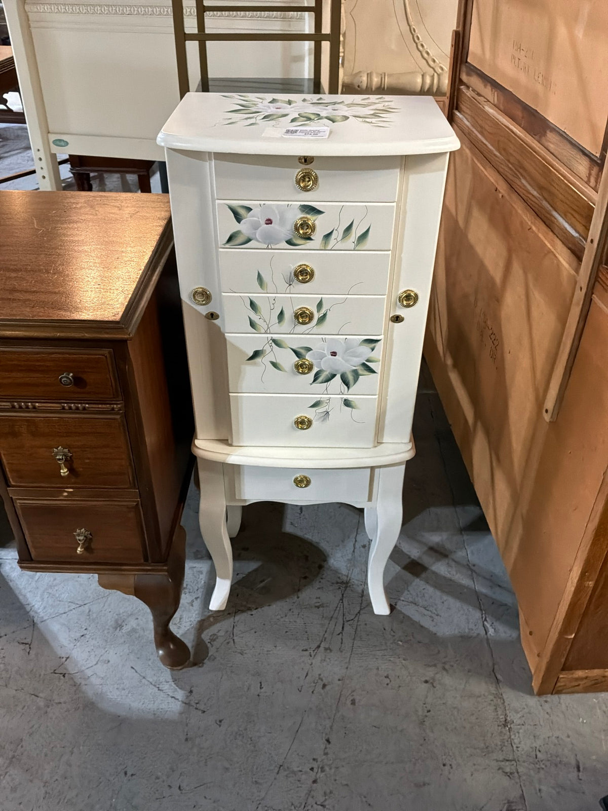 White Jewelry Armorire W/ Floral Painted Details