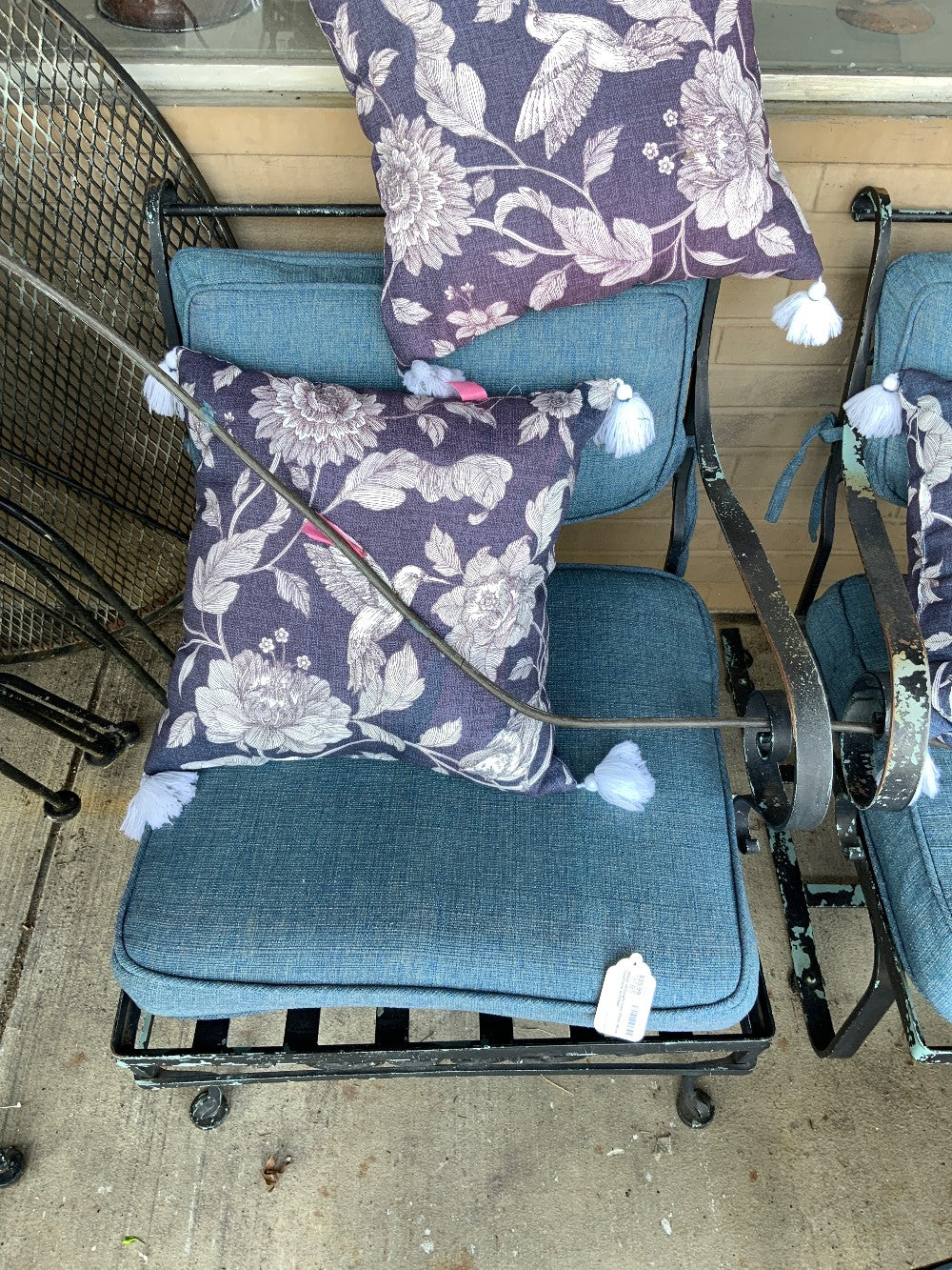 Black Wrought Iron Chair Blue Cushions Armless