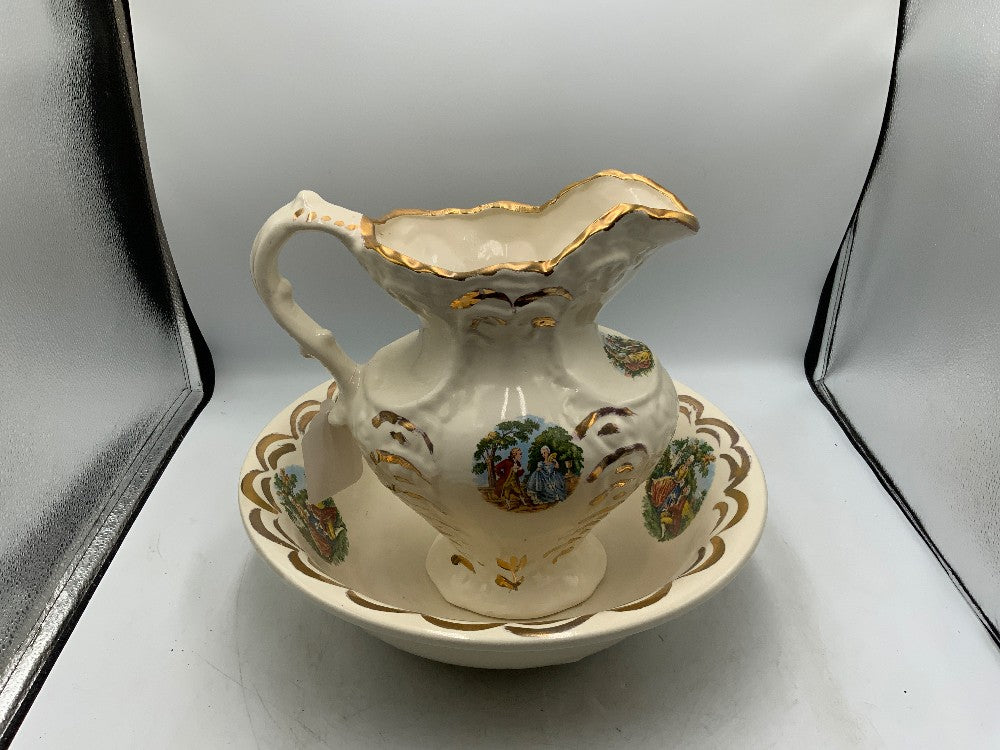 Vtg George and Martha Washington Pitcher & Wash Bowl