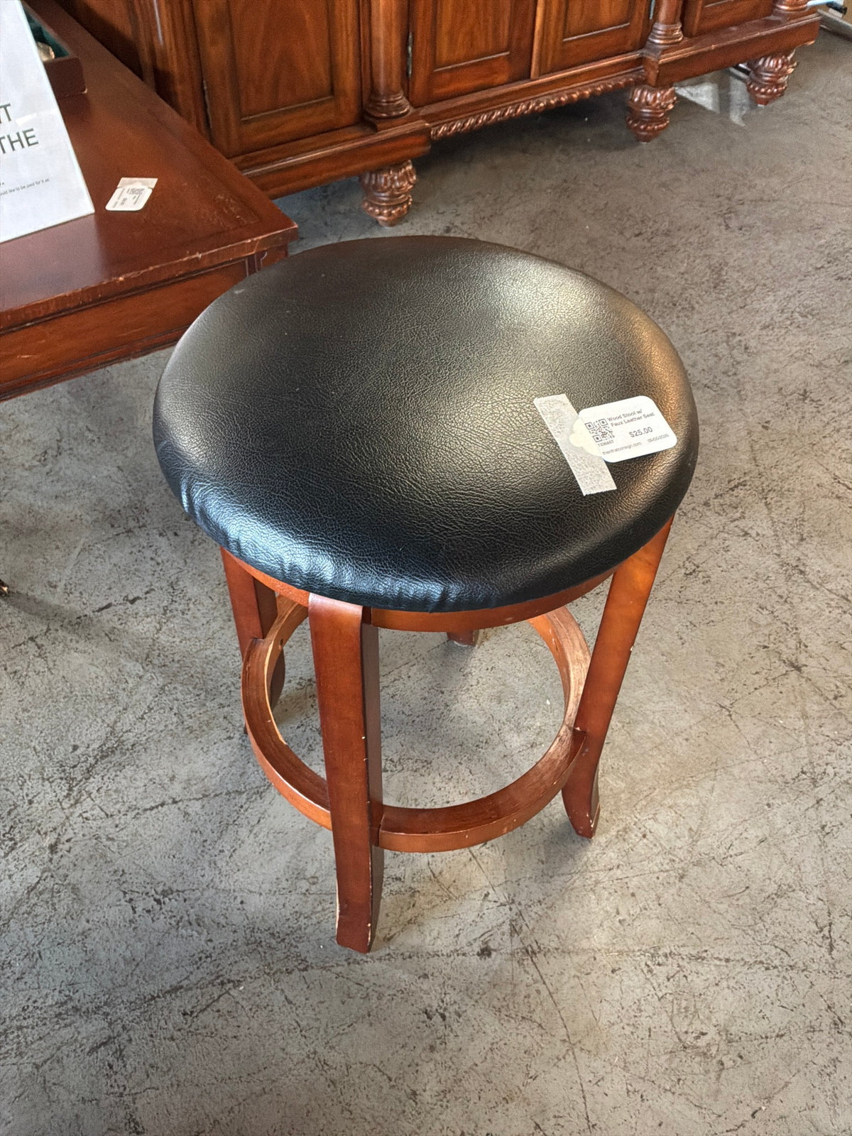 Wood Stool w/ Faux Leather Seat