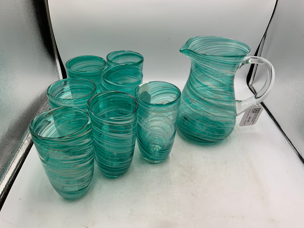Blue Glass Pitcher with 7 Glasses