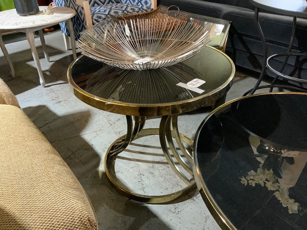 Round Black Glass Top Side Table w/ Gold Base