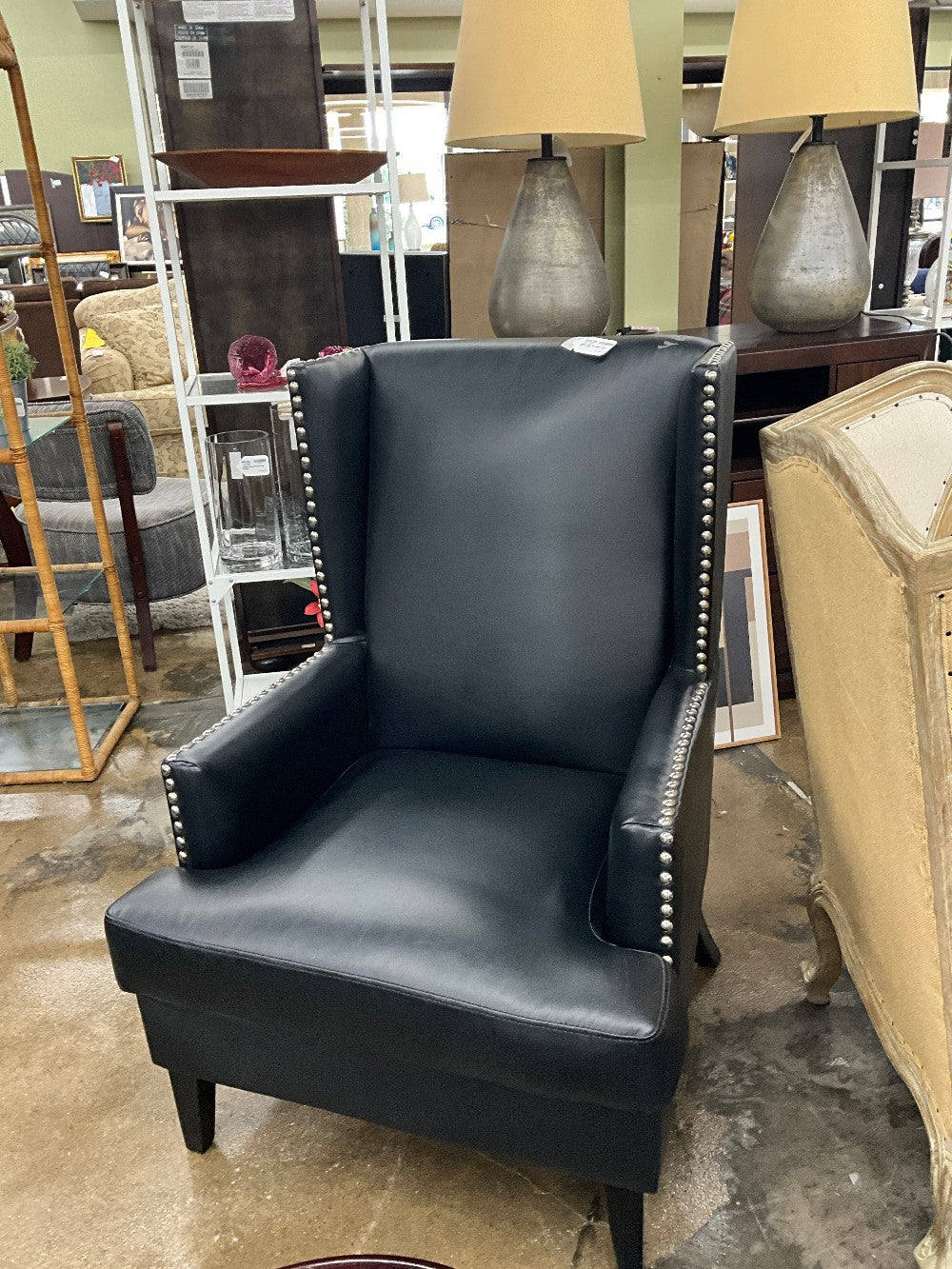 Black Vinyl Studded WIng Back Chair
