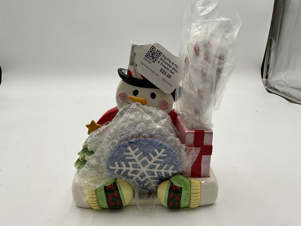 Vtg Fitz & Floyd Snowman Stirrer & Coaster Set