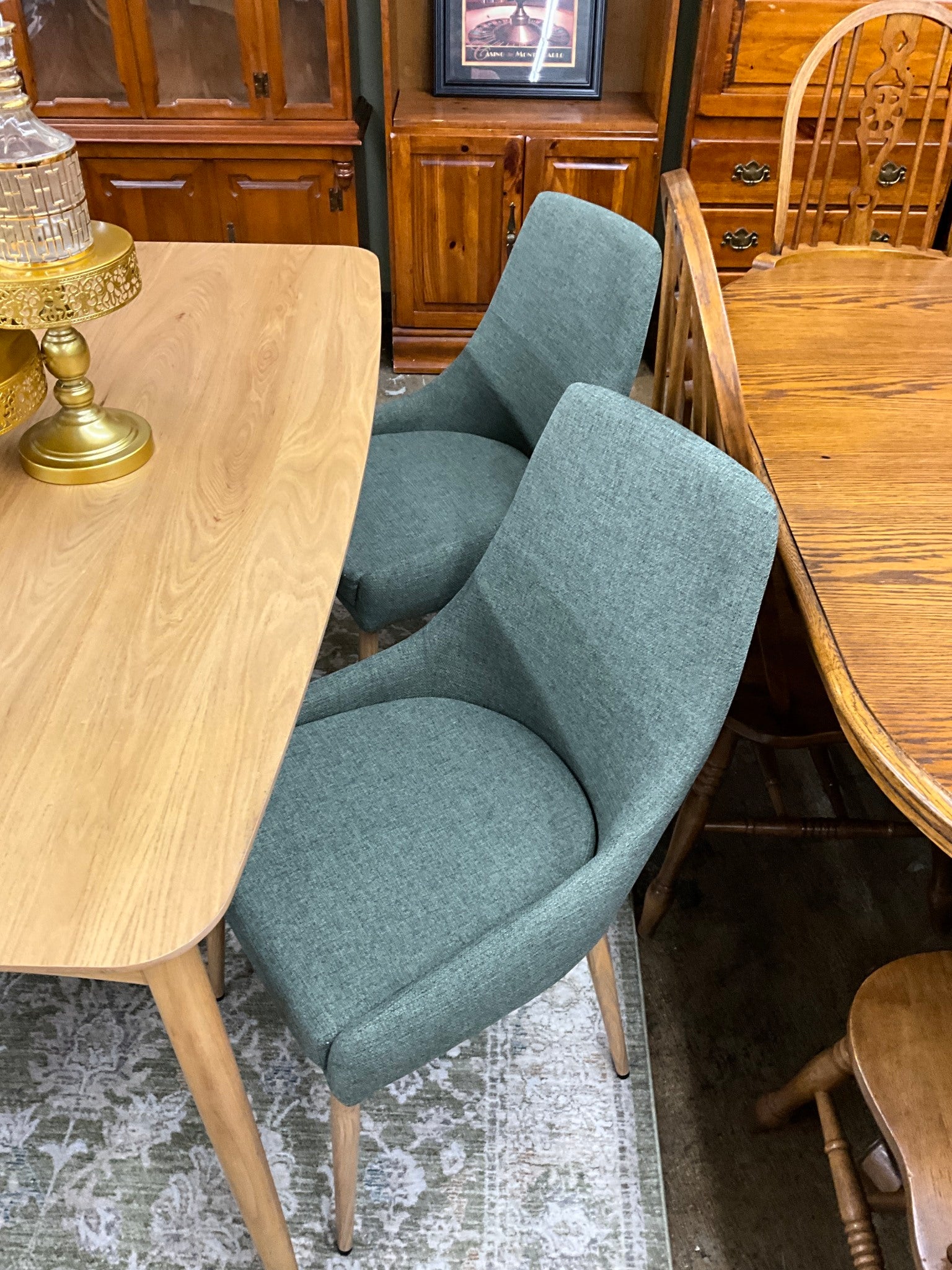 Light Wood Table w/ 4 Green Upholstered Chairs