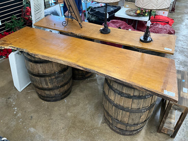 2 Whiskey Barrels w/ Live Edge Top