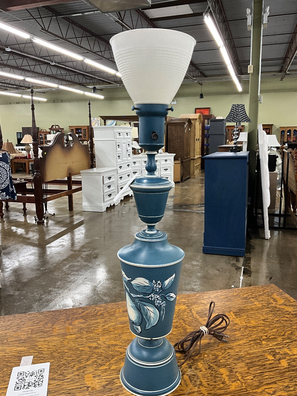 Vintage Blue Lamp with Milk Glass Shade