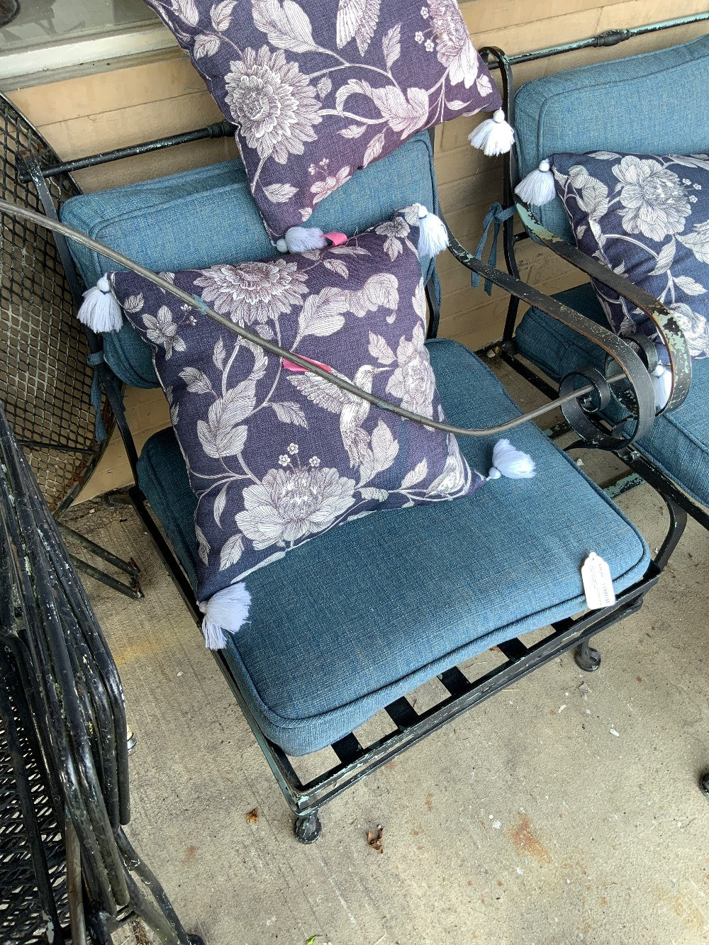 Black Wrought Iron Chair Blue Cushions Armless
