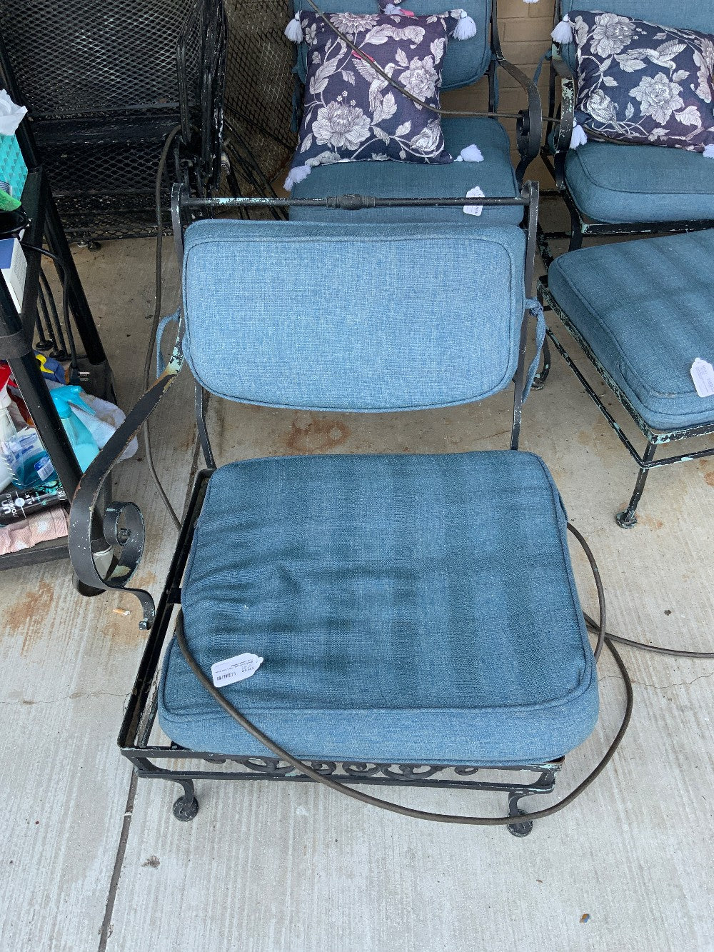 Black Wrought Iron Chair Blue Cushions Armless