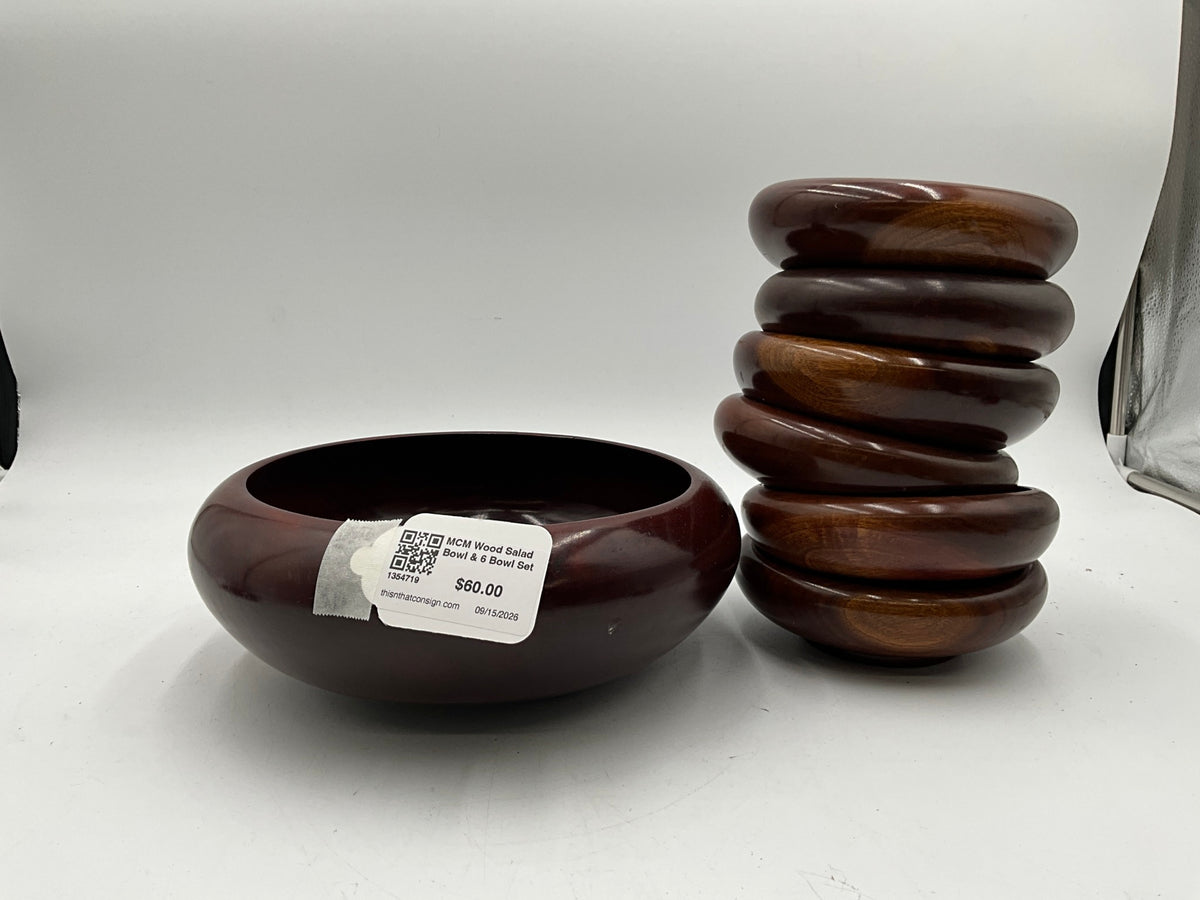 MCM Wood Salad Bowl & 6 Bowl Set