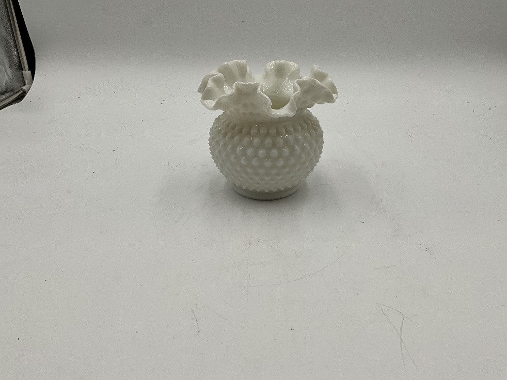 Fenton Milk Glass Hobnail Crimped Vase