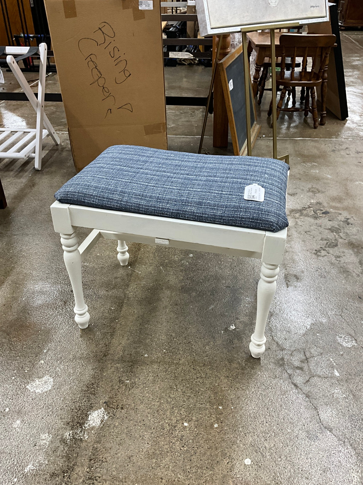 White Bench w/Blue Cushion