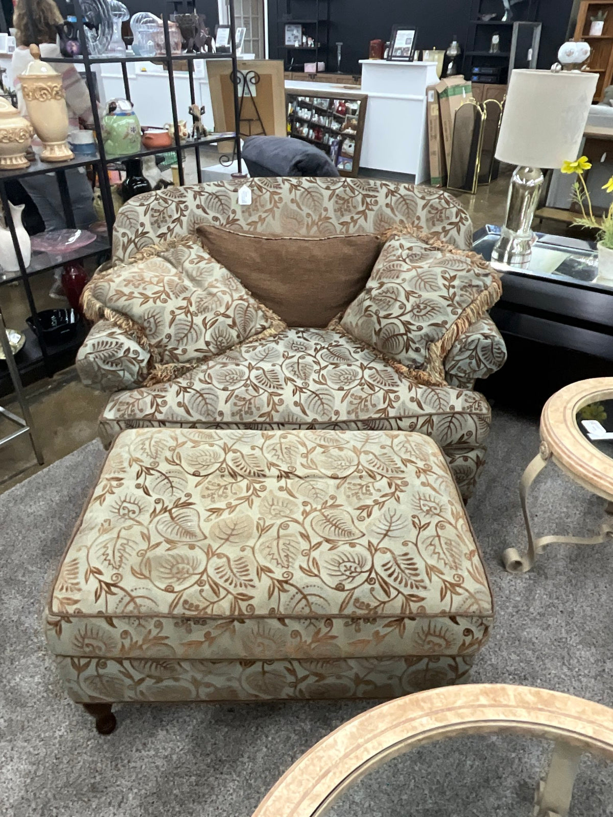 Wesley Hall Brown Leaf Wing Chair w/ Ottoman
