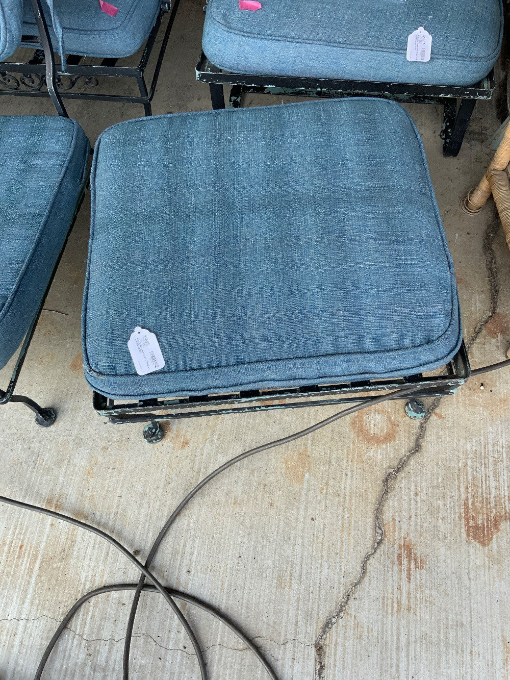 Black Wrought Iron Ottoman Blue Cushion