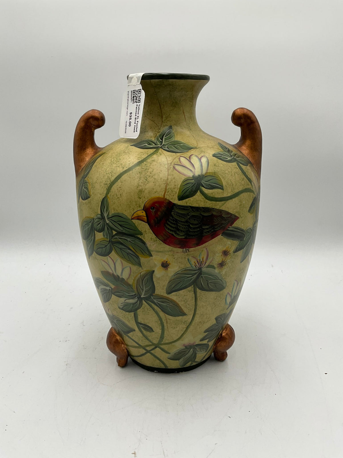 Yellow XL Footed Painted Bird Vase