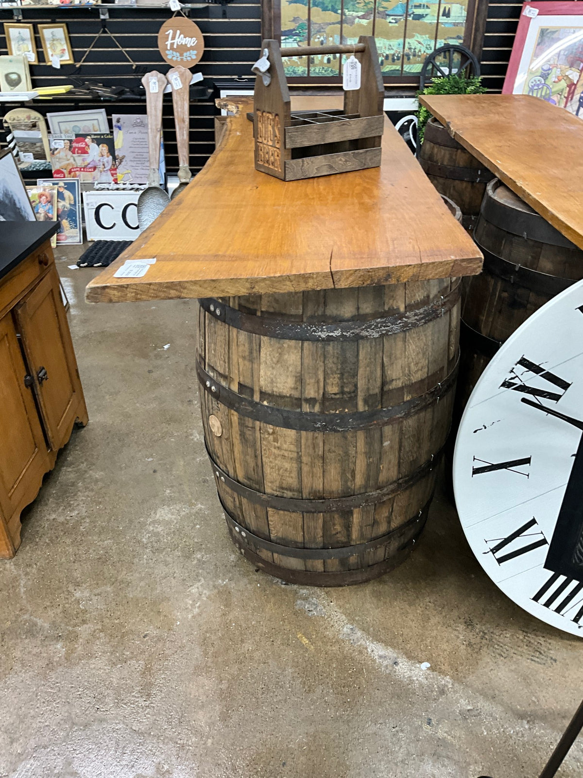 2 Whiskey Barrels w/ Live Edge Top