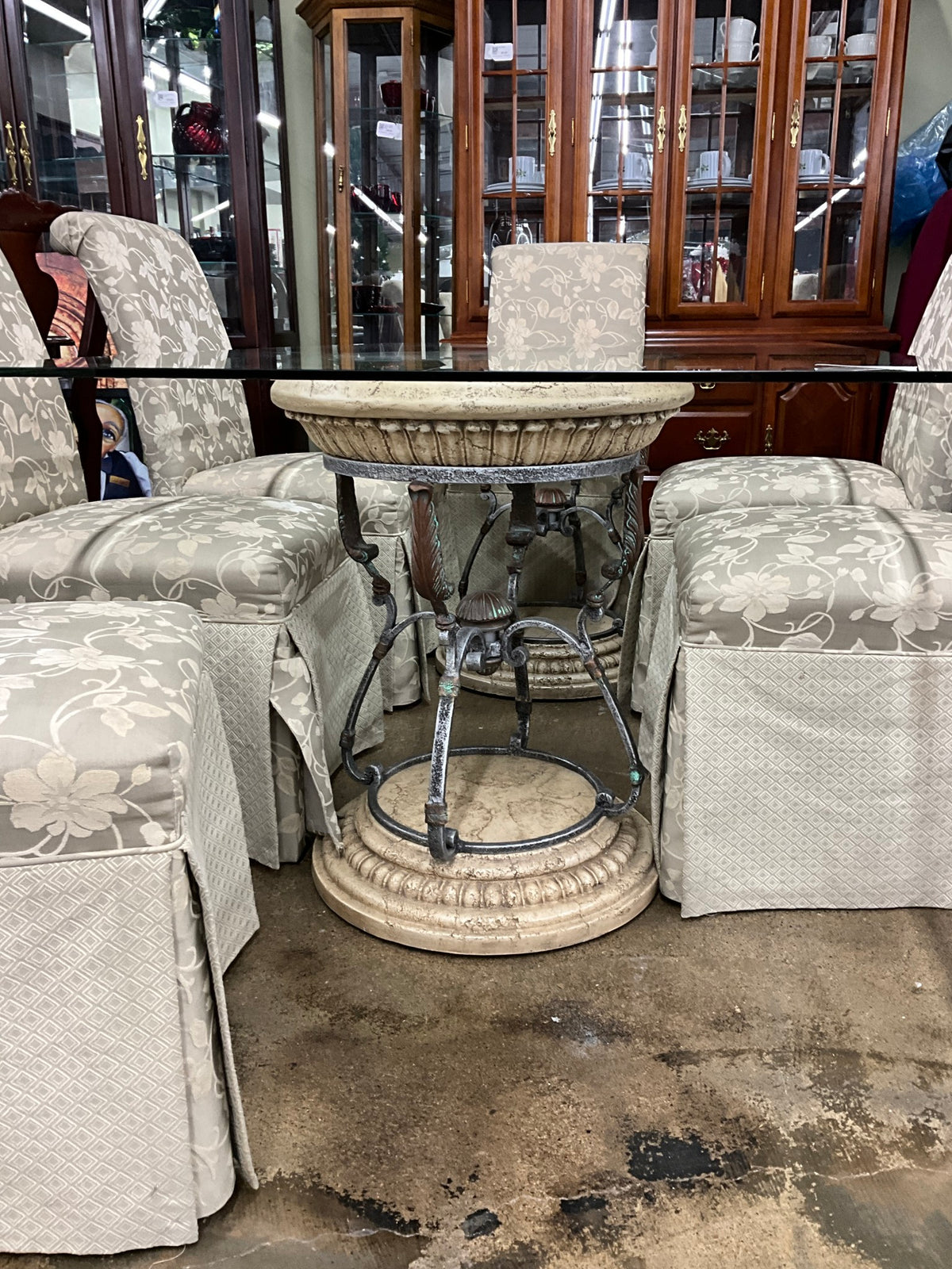 Glass Top Table w/ 2 Bases & 6 Chairs