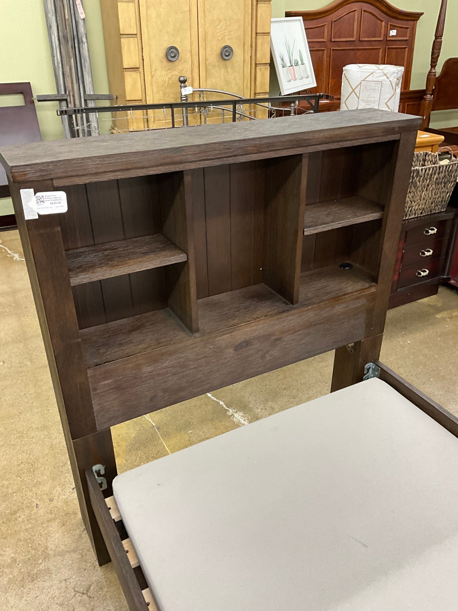 Wood Twin Platform Bed w/ Shelf Headboard