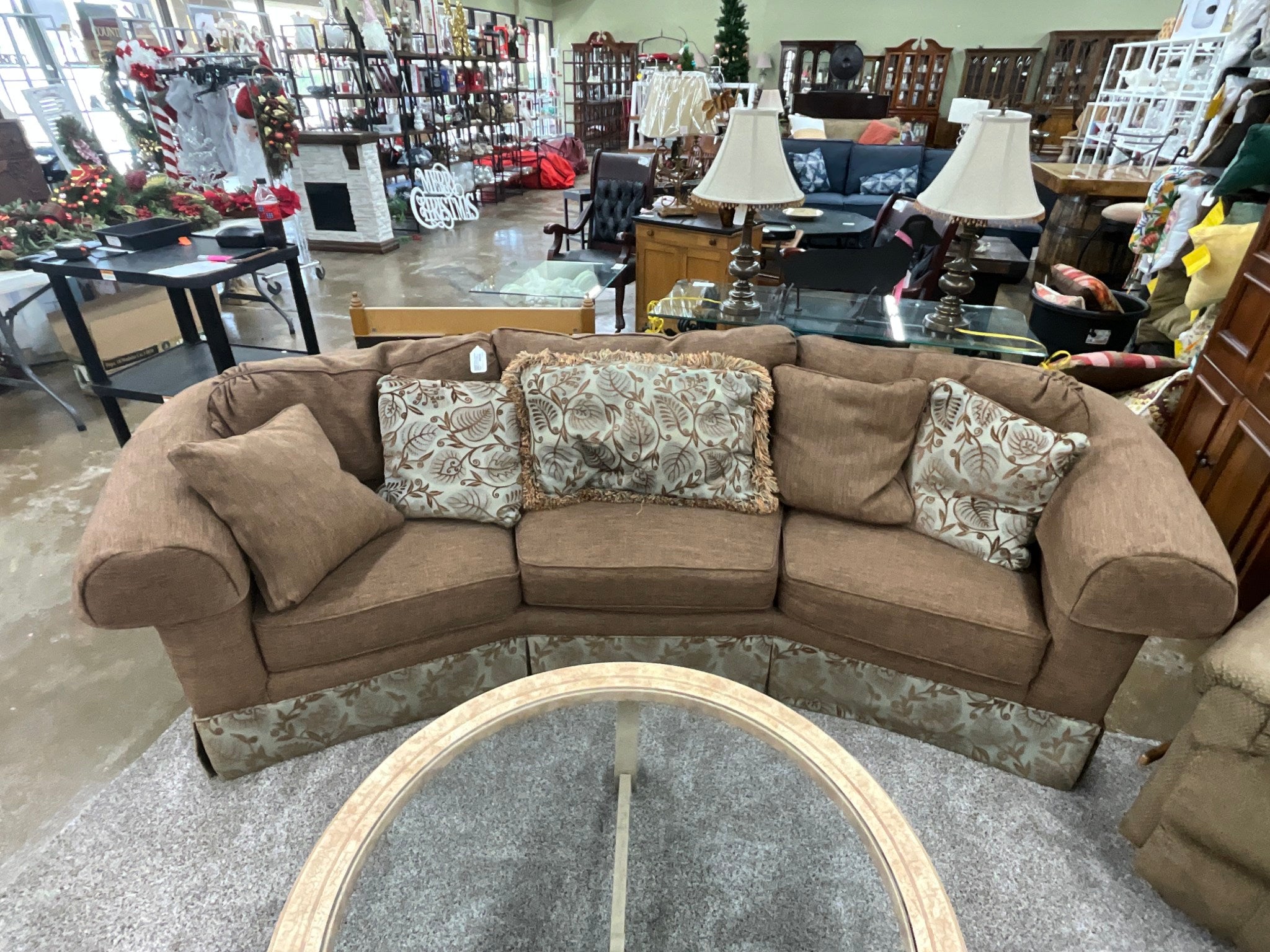 Wesley Hall Down Filled Brown Curved Sofa w/ Pillows