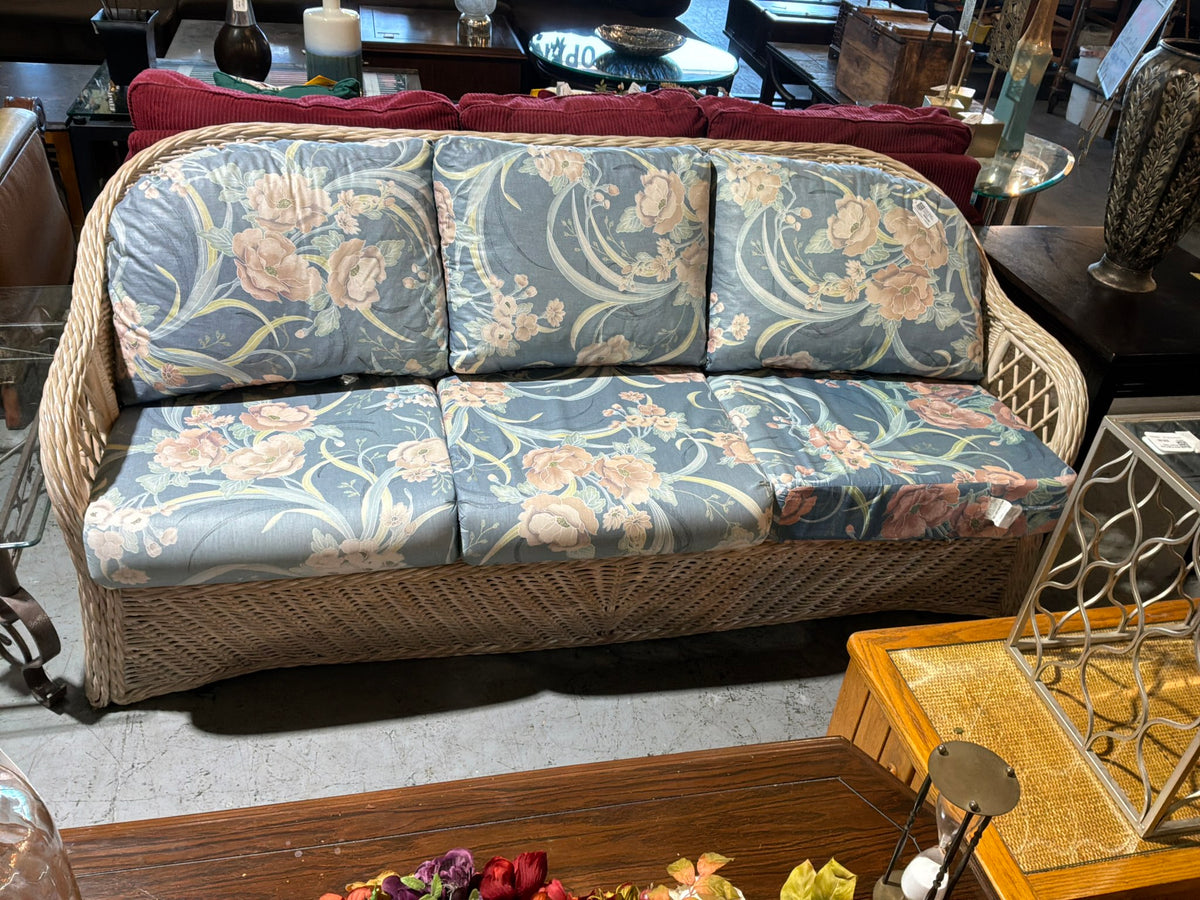 Cream Wicker Couch W/ Floral Cushions