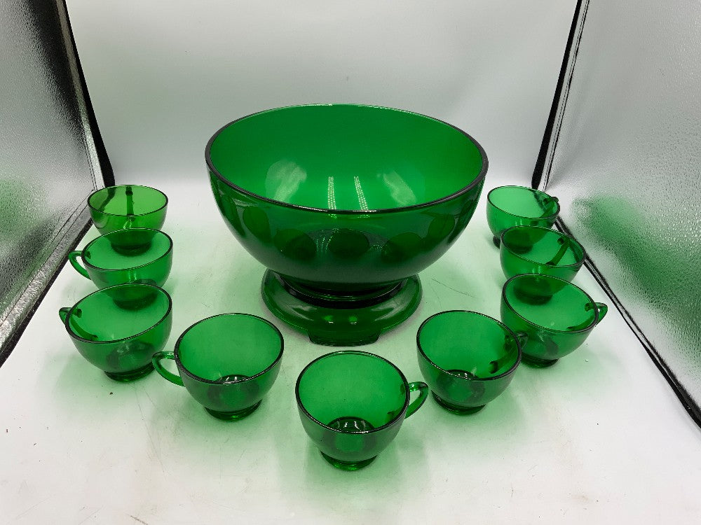 Forest Green Anchor Hocking Punch Bowl with Cups and Stand