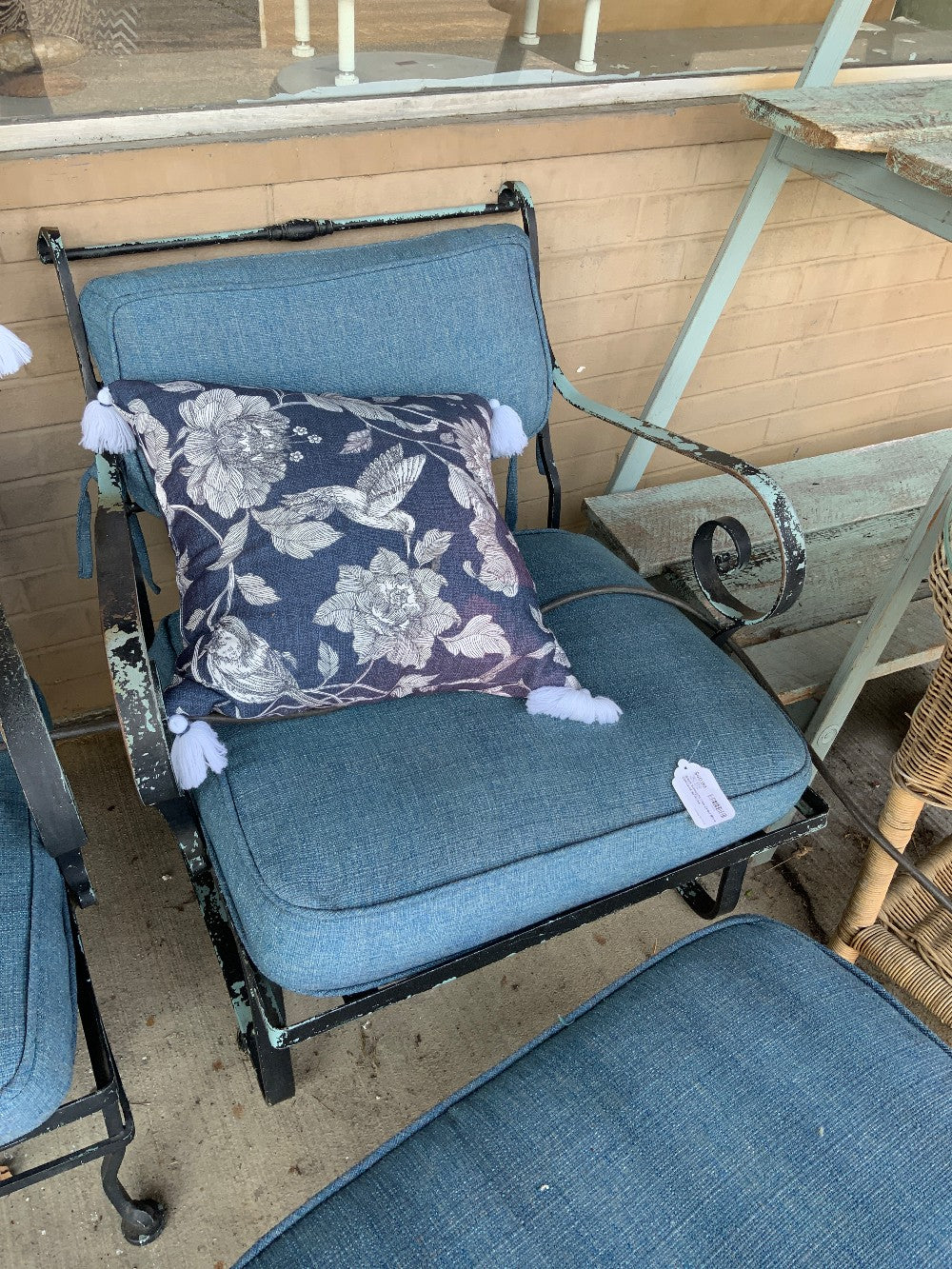 Black Wrought Iron Chair Blue Cushions w/ Arms