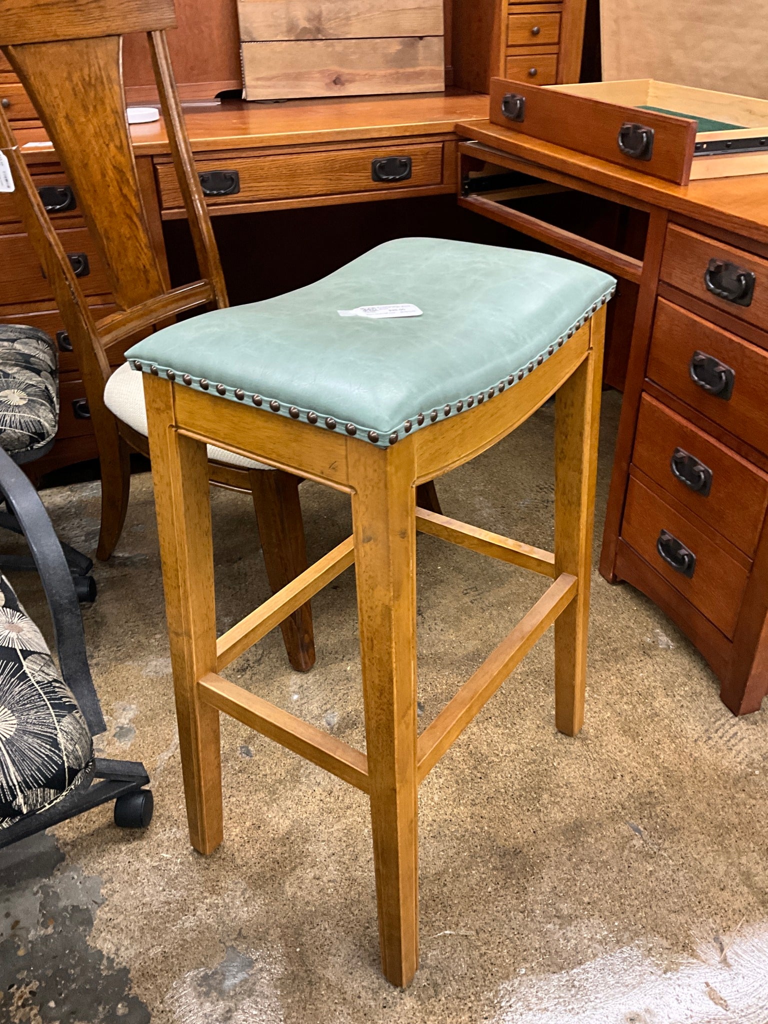 Wood/Green Leather High Back Stool
